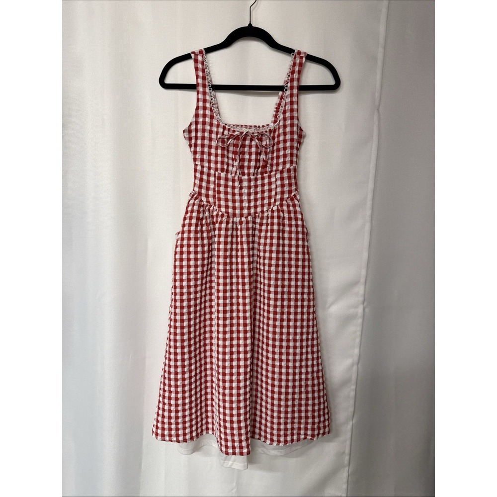Jessica Simpson Red Gingham Midi Dress Sz S Cottagecore Picnic Milkmaid Sundress - Picture 2 of 13